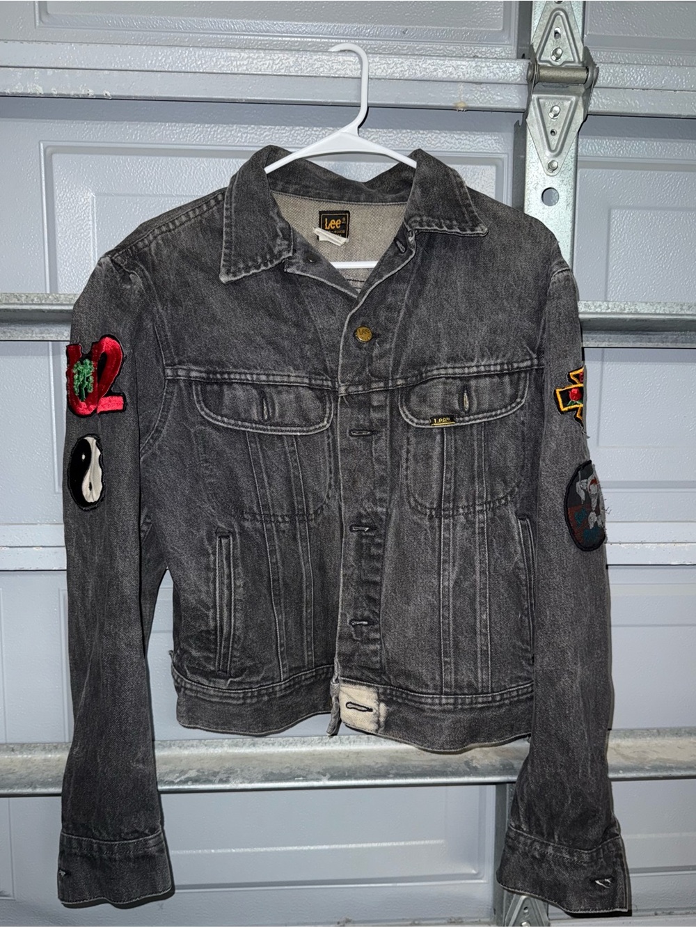 AUTHENTIC 90s Lee Black Washed Denim Jacket with Embroidered Sleeve Patches